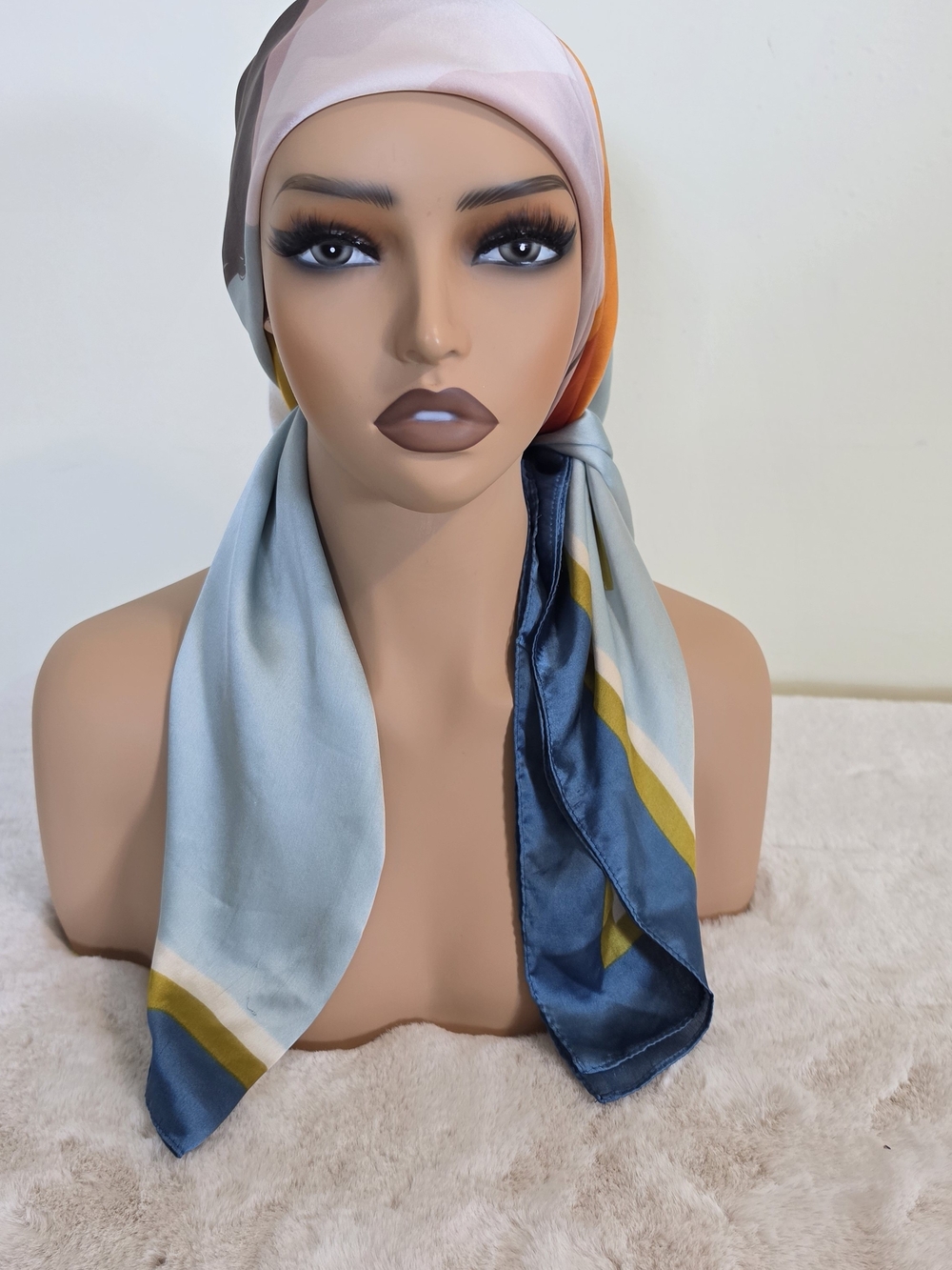 Fashionomics Satin Headscarf in Light Blue, Navy & Yellow Accents